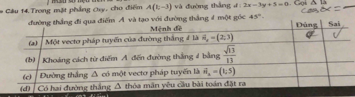 mau so nệu u
* Câu 14.Trong mặt phẳng Oxy, cho điểm A(1;-3) và đường thẳng đ : 2x-3y+5=0. Gọi △ Ia
_
ẳng # một góc 45°.