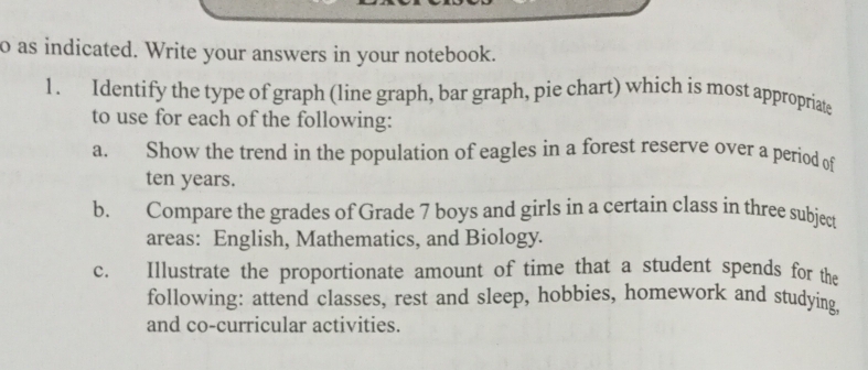 as indicated. Write your answers in your notebook. 
1. Identify the type of graph (line graph, bar graph, pie chart) which is most appropriate 
to use for each of the following: 
a. Show the trend in the population of eagles in a forest reserve over a period of
ten years. 
b. Compare the grades of Grade 7 boys and girls in a certain class in three subject 
areas: English, Mathematics, and Biology. 
c. Illustrate the proportionate amount of time that a student spends for the 
following: attend classes, rest and sleep, hobbies, homework and studying, 
and co-curricular activities.