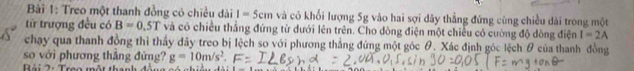 Treo một thanh đồng có chiều dài I=5cm và có khối lượng 5g vào hai sợi dây thẳng đứng cùng chiều dài trong một 
từ trượng đều có B=0.5T và có chiều thắng đứng từ dưới lên trên. Cho dòng điện một chiêu có cường độ dòng điện I=2A
chạay qua thanh đồng thì thấy đây treo bị lệch so với phương thẳng đứng một góc θ. Xác định góc lệch θ của thanh đồng 
so với phương thẳng đứng? g=10m/s^2. 
Đái T: Tran mắt thanh đầng