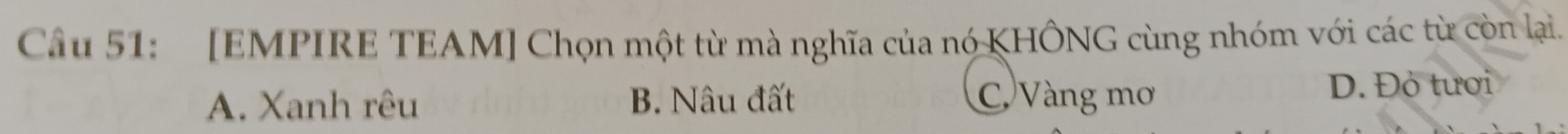 [EMPIRE TEAM] Chọn một từ mà nghĩa của nó KHÔNG cùng nhóm với các từ còn lại.
A. Xanh rêu B. Nâu đất C Vàng mơ D. Đỏ tươi