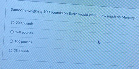 Solved: Someone weighing 100 pounds on Earth would weigh how much on ...