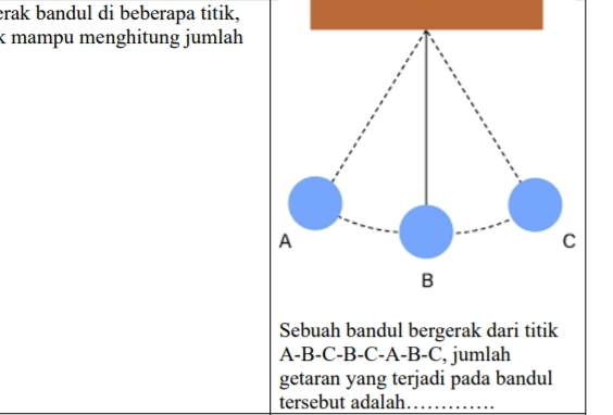 erak bandul di beberapa titik, 
k mampu menghitung jumlah 
Sebuah bandul bergerak dari titik
A-B-C - B-C -A -B - C, jumlah 
getaran yang terjadi pada bandul 
tersebut adalah