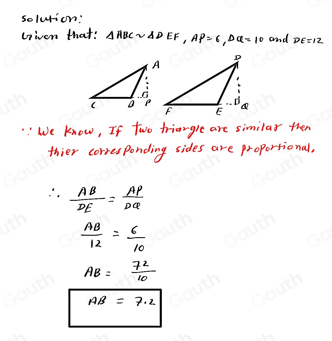 Solved: In the figure, ABCsim DEF. If overline AP and overline DQ are ...