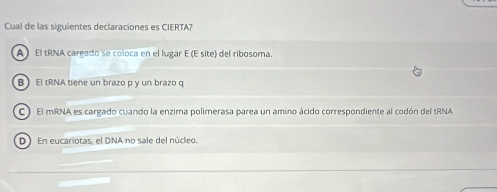 Cual de las siguientes declaraciones es CIERTA?
A El tRNA cargado se coloca en el lugar E (E site) del ribosoma.
B El tRNA tiene un brazo p y un brazo q
C ) El mRNA es cargado cuando la enzima polimerasa parea un amino ácido correspondiente al codón del tRNA
D En eucariotas, el DNA no sale del núcleo.