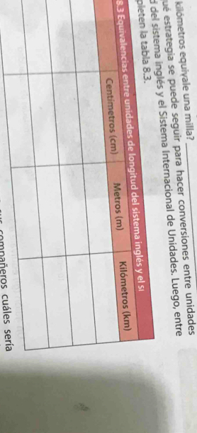 kilómetros equiyale una milla? 
qué estrategia se puede seguir para hacer conversiones entre unidades 
d glés y el Sistema Internacional de Unidades. Luego, entre 
pl 
8. 
compañeros cuáles se