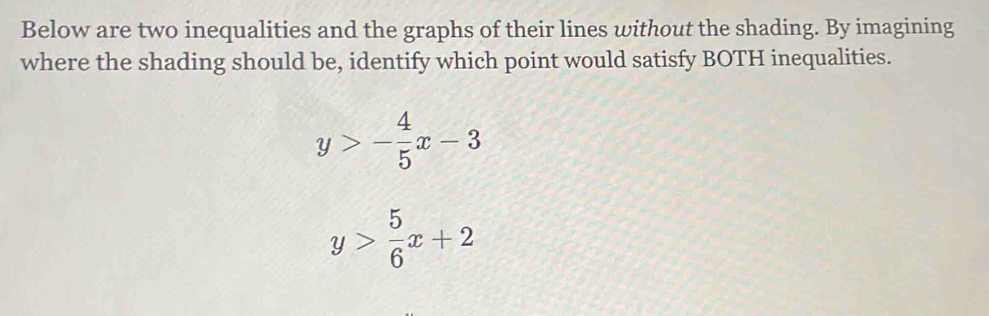 Below are two inequalities and the graphs of their lines without the shading. By imagining
where the shading should be, identify which point would satisfy BOTH inequalities.
y>- 4/5 x-3
y> 5/6 x+2