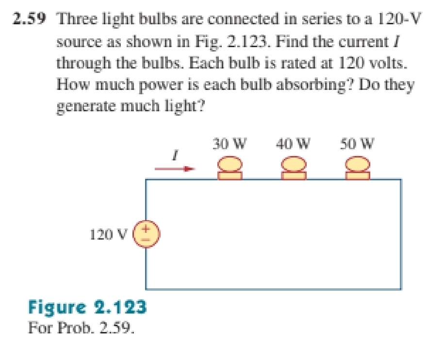 2.59 Three light bulbs are connected in series to a 120-V
source as shown in Fig. 2.123. Find the current / 
through the bulbs. Each bulb is rated at 120 volts. 
How much power is each bulb absorbing? Do they 
generate much light? 
Figure 2.123 
For Prob. 2.59.