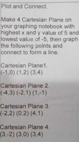 Plot and Connect. 
Make 4 Cartesian Plane on 
your graphing notebook with 
highest x and y value of 5 and 
lowest value of -5, then graph 
the following points and 
connect to form a line. 
Cartesian Plane1.
(-1,0)(1,2)(3,4)
Cartesian Plane 2.
(-4,3)(-2,1)(1,-1)
Cartesian Plane 3.
(-2,2)(0,2)(4,1)
Cartesian Plane 4.
(3,-2)(3,0)(3,4)