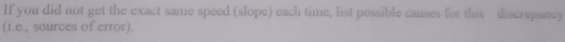If you did not get the exact same speed (slope) each time, list possible causes for this discrepancy 
(i.e., sources of error).
