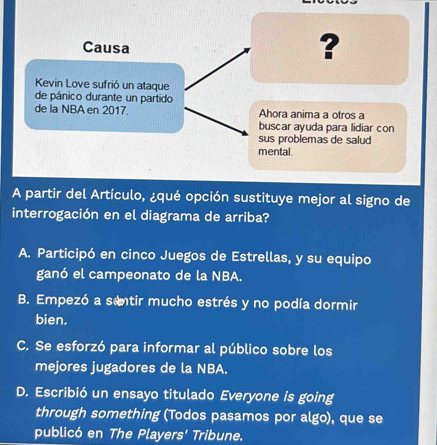 Causa
?
Kevin Love sufrió un ataque
de pánico durante un partido
de la NBA en 2017. Ahora anima a otros a
buscar ayuda para lidiar con
sus problemas de salud
mental.
A partir del Artículo, ¿qué opción sustituye mejor al signo de
interrogación en el diagrama de arriba?
A. Participó en cinco Juegos de Estrellas, y su equipo
ganó el campeonato de la NBA.
B. Empezó a sentir mucho estrés y no podía dormir
bien.
C. Se esforzó para informar al público sobre los
mejores jugadores de la NBA.
D. Escribió un ensayo titulado Everyone is going
through something (Todos pasamos por algo), que se
publicó en The Players' Tribune.