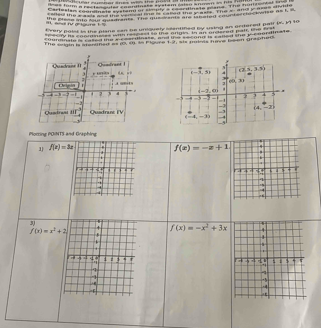 rpendicular number lines with the point of inter 
lines form a rectangular coordinate system (also known in his hond 
Cartesian coordinate system) or simply a coordinate plane. The horizontal line i 
called the x-axis and the vertical line is called the y-axis. The x - and y -axes divide 
the plane into four quadrants. The quadrants are labeled counterclockwise as I, 11, 
III. and IV (Flgure 1-1) 
Every point in the plane can be uniquely identified by using an ordered pair ( x.y to 
specify its coordinates with respect to the origin. In an ordered pair, the first 
coordinate is called the x-coordinate, and the second is called the y-coordinate. 
The origin is identified as (0,0). In Figure 1-2, six points have been graphed.
y
5
Quadrant II 4 Quadrant I
5
3 y units (A,y) (-3,5) 4 (2.5,3.5)
2
3
Origin 1 A units 
2 (0,3)
(-2,0) 1
x
-5 -4 -3 -2 -1 1 2 3 4 5 4 5
-1
2 3
-5 -4 -2 a -1
-2
-2 (4,-2)
Quadrant nr^3 Quadrant IV -3
(-4,-3) -4
-5
-5
Plotting POINTS and Graphing 
1) f(x)=3x 6 
3
f(x)=-x+1

4
- - - 4 : 5 4
2
-4
5
3)
f(x)=x^2+2
f(x)=-x^2+3x