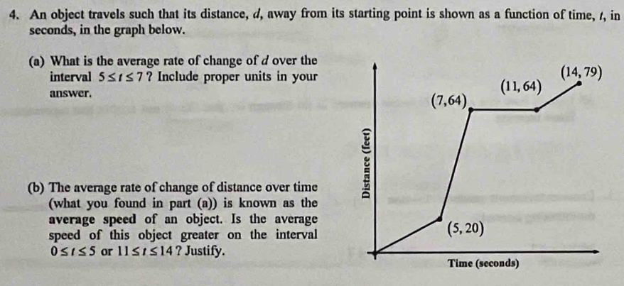 An object travels such that its distance, d, away from its starting point is shown as a function of time, /, in
seconds, in the graph below. 
(a) What is the average rate of change of d over the 
interval 5≤ t≤ 7 ? Include proper units in your
(14,79)
answer.
(11,64)
(7,64)
(b) The average rate of change of distance over time 
8 
(what you found in part (a)) is known as the 
average speed of an object. Is the average 
speed of this object greater on the interval
(5,20)
0≤ t≤ 5 or 11≤ t≤ 14 ? Justify. 
Time (seconds)