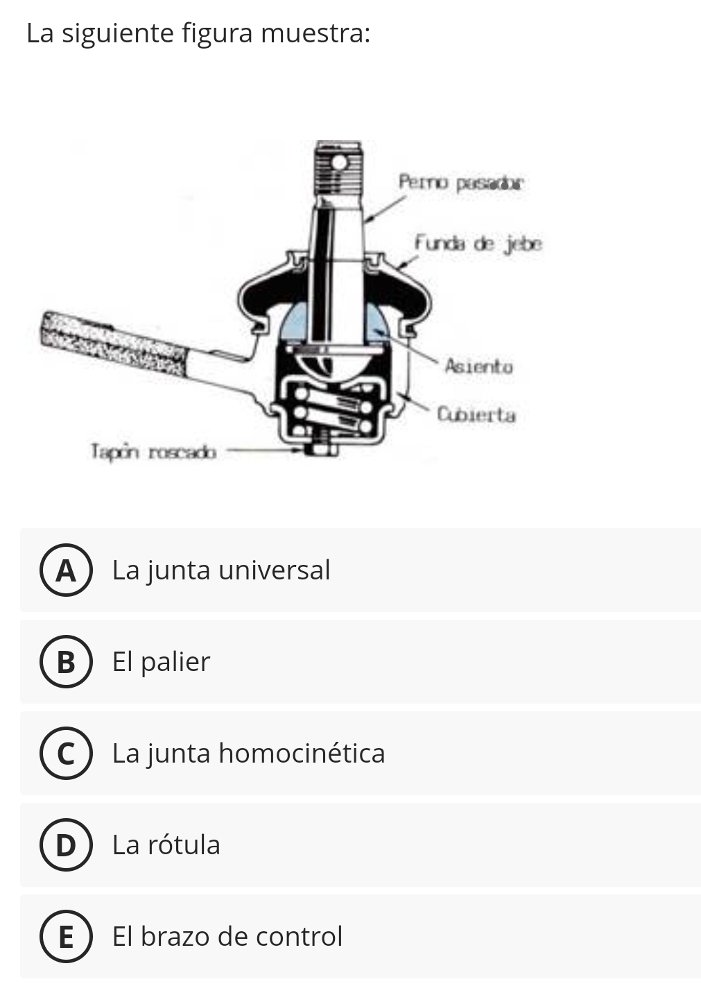 La siguiente figura muestra:
A La junta universal
BEl palier
C )La junta homocinética
D ) La rótula
E  El brazo de control