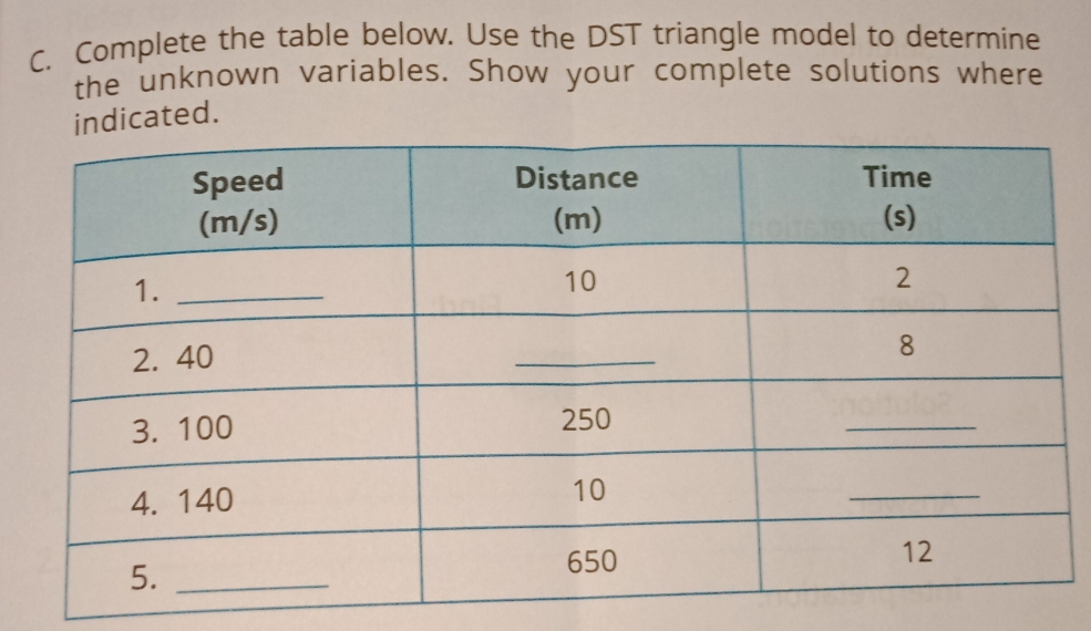 Complete the table below. Use the DST triangle model to determine 
the unknown variables. Show your complete solutions where 
ndicated.