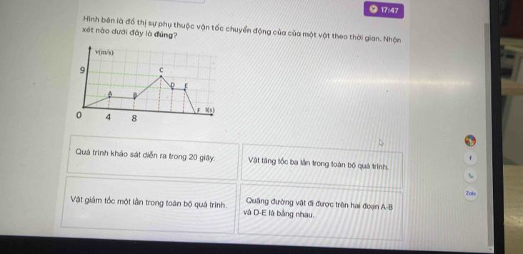 ❷ 17:47 
Hình bên là đồ thị sự phụ thuộc vận tốc chuyển động của của một vật theo thời gian. Nhận 
xét nào dưới đây là đúng?
v(m/s)
9 c
E
A
F f(s)
0 4 8
f
Quá trình khảo sát diễn ra trong 20 giây. Vật tăng tốc ba lần trong toàn bộ quá trình. 
、 
Zalo 
Quãng đường vật đi được trên hai đoạn A-B 
Vật giảm tốc một lần trong toàn bộ quá trình. và D-E là bằng nhau.