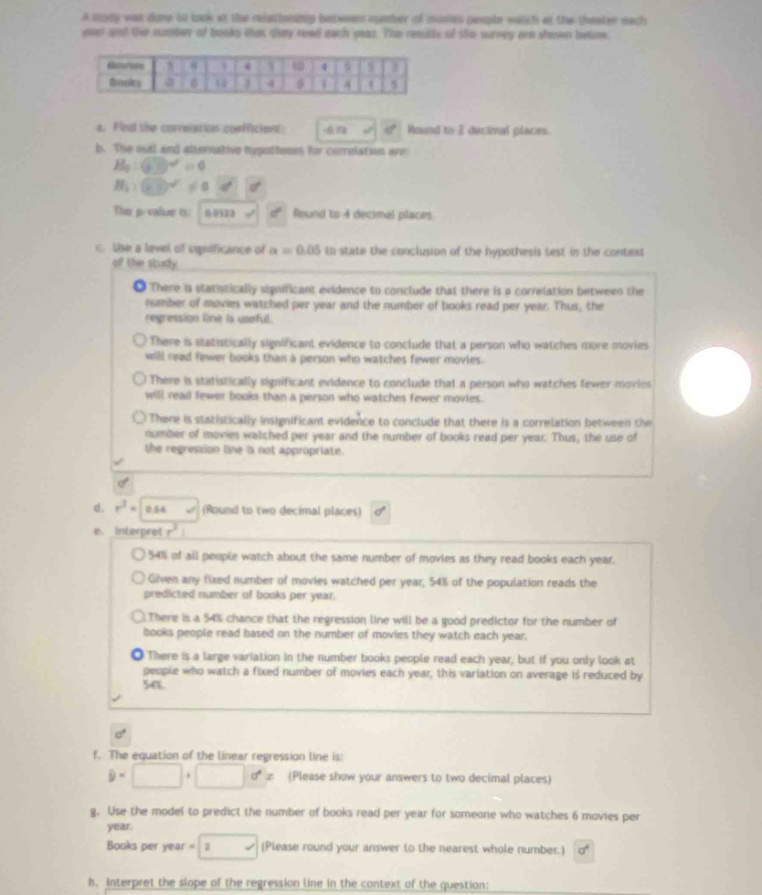 A wody was done if lok sf the rejationinip beteeen number of morkes pesle wetch af the thesker each
ovr ant the number of booky thes tkey reed each yeas. The reaults of she survey are stown bet
a. Find tise correlation coefficient d° Reand to 2 decimal places.
b. The outl and alternative hypotienm for correlation are:
B_0:GN=0
H_1:60°!= 0° d|d
The p-value ( 0.0532 d° Round to 4 decimal places
. the a tevel of signtficance of a=0.05 to state the conclusion of the hypothesis test in the context
of the studly
d There is statistically significant evidence to conclude that there is a correlation between the
number of movies watched per year and the number of books read per year. Thus, the
regression line is useful.
There is statistically significant evidence to conclude that a person who watches more movies
will read fewer books than a person who watches fewer movies.
There is statistically significant evidence to conclude that a person who watches fewer movies
will read fewer books than a person who watches fewer movies .
There is statistically insignificant evidence to conclude that there is a correlation between the
number of movies watched per year and the number of books read per year. Thus, the use of
the regression line is not appropriate.
d. r^3= 0.64 (Round to two decimal places)
e. Interpret r^3
54% of all people watch about the same number of movies as they read books each year.
Given any fixed number of movies watched per year, 54% of the population reads the
predicted number of books per year.
There is a 54% chance that the regression line will be a good predictor for the number of
books people read based on the number of movies they watch each year.
There is a large variation in the number books people read each year, but if you only look at
people who watch a fixed number of movies each year, this variation on average is reduced by
54%
f. The equation of the linear regression line is:
hat y=□ +□ vector dx (Please show your answers to two decimal places)
g. Use the model to predict the number of books read per year for someone who watches 6 movies per
year.
Books per year =2 (Please round your answer to the nearest whole number.) a^4
h. Interpret the slope of the regression line in the context of the question: