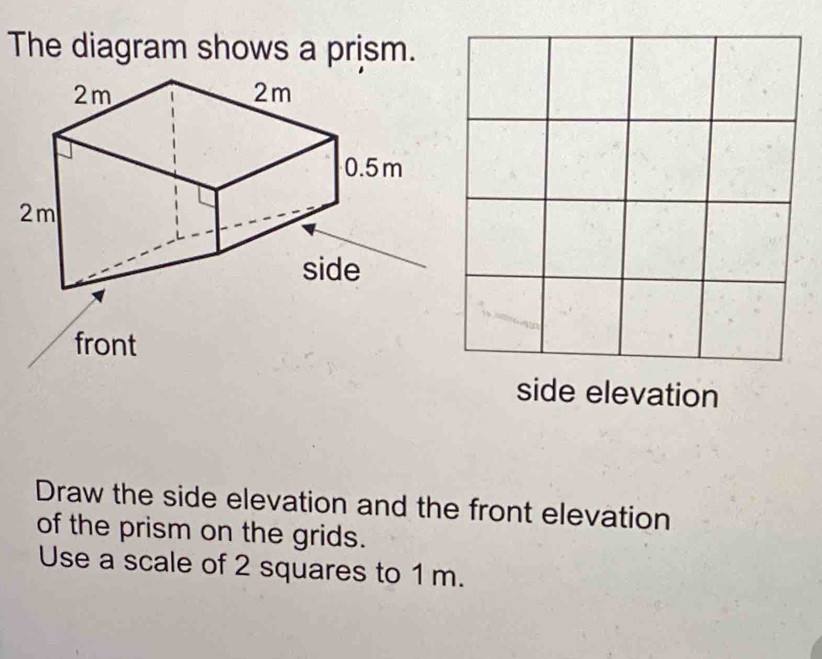 Solved: The diagram shows a prism. side elevation Draw the side ...
