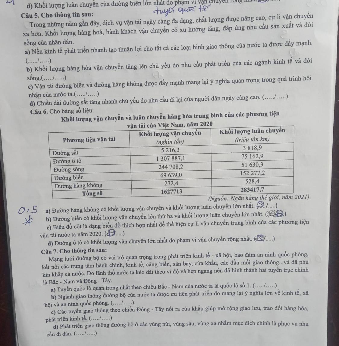 Khối lượng luân chuyên của đường biên lớn nhất do phạm vị vận chuyên lộng n
Câu 5. Cho thông tin sau:
Trong những năm gần đây, dịch vụ vận tải ngày cảng đa dạng, chất lượng được nâng cao, cự li vận chuyển
xa hơn. Khối lượng hàng hoá, hành khách vận chuyền có xu hướng tăng, đáp ứng nhu cầu sản xuất và đời
sống của nhân dân.
a) Nền kinh tế phát triển nhanh tạo thuận lợi cho tất cả các loại hình giao thông của nước ta được đẩy mạnh.
(……/…)
b) Khối lượng hàng hóa vận chuyển tăng lên chủ yếu do nhu cầu phát triển của các ngành kinh tế và đời
sống.(…../…..)
c) Vận tải đường biển và đường hàng không được đầy mạnh mang lại ý nghĩa quan trọng trong quá trình hội
nhập của nước ta.(…./….)
d) Chiều dài đường sắt tăng nhanh chủ yếu do nhu cầu đi lại của người dân ngày càng cao. (…./….)
Câu 6. Cho bảng số liệu:
Khối lượng vận chuyển và luân chuyển hàng hóa trung bình của các phương tiện
a) Đường hàng không có khối lượng vận chuyển và khối lượng luân chuyển lớn nhất. (..........)
b) Đường biển có khối lượng vận chuyển lớn thứ ba và khối lượng luân chuyền lớn nhất. (: (B)
c) Biểu đồ cột là dạng biểu đồ thích hợp nhất để thể hiện cự li vận chuyển trung bình của các phương tiện
vận tải nước ta năm 2020. ( _……)
d) Đường ô tô có khối lượng vận chuyển lớn nhất do phạm vi vận chuyển rộng nhất. ( Y.....)
Câu 7. Cho thông tin sau:
Mạng lưới đường bộ có vai trò quan trọng trong phát triển kinh tế - xã hội, bảo đảm an ninh quốc phòng,
kết nối các trung tâm hành chính, kinh tế, cảng biển, sân bay, cửa khẩu, các đầu mối giao thông...và đã phủ
kín khắp cả nước. Do lãnh thổ nước ta kéo dài theo vĩ độ và hẹp ngang nên đã hình thành hai tuyến trục chính
là Bắc - Nam và Đông - Tây.
a) Tuyến quốc lộ quan trọng nhất theo chiều Bắc - Nam của nước ta là quốc lộ số 1. (..../....)
b) Ngành giao thông đường bộ của nước ta được ưu tiên phát triển do mang lại ý nghĩa lớn về kinh tế, xã
hội và an ninh quốc phòng. (……./….)
c) Các tuyến giao thông theo chiều Đông - Tây nối ra cửa khẩu giúp mở rộng giao lưu, trao đổi hàng hóa,
phát triền kinh tế. (…./….)
d) Phát triển giao thông đường bộ ở các vùng núi, vùng sâu, vùng xa nhằm mục đích chính là phục vụ nhu
cầu di dân. (……….)