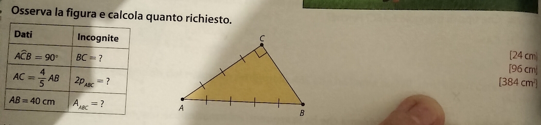 Osserva la figura e calcola quanto richiesto.
[24 cm
[96 cm]
[384 cm²]