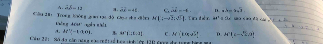 A. vector a.vector b=12. B. vector a.vector b=40. C. vector a.vector b=-6. D. vector avector b=6sqrt(3). 
Câu 20: Trong không gian tọa độ Oxyz cho điểm M(1;-sqrt(2);sqrt(3)).Tìm điểm M' ∈ Ox sao cho độ di 
thẳng MM' ngắn nhất.
A. M'(-1;0;0). B. M'(1;0;0). C. M'(1;0;sqrt(3)). D. M'(1;-sqrt(2);0). 
Câu 21: Số đo cân nặng của một số học sinh lớp 12D được cho trong hảng sau: