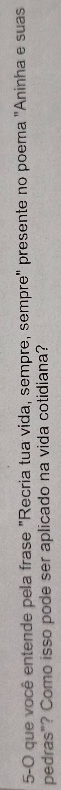 5-0 que você entende pela frase "Recria tua vida, sempre, sempre" presente no poema "Aninha e suas 
pedras"? Como isso pode ser aplicado na vida cotidiana?