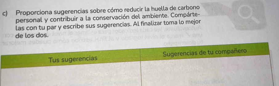 Proporciona sugerencias sobre cómo reducir la huella de carbono 
personal y contribuir a la conservación del ambiente. Compárte- 
las con tu par y escribe sus sugerencias. Al finalizar toma lo mejor 
de los dos.