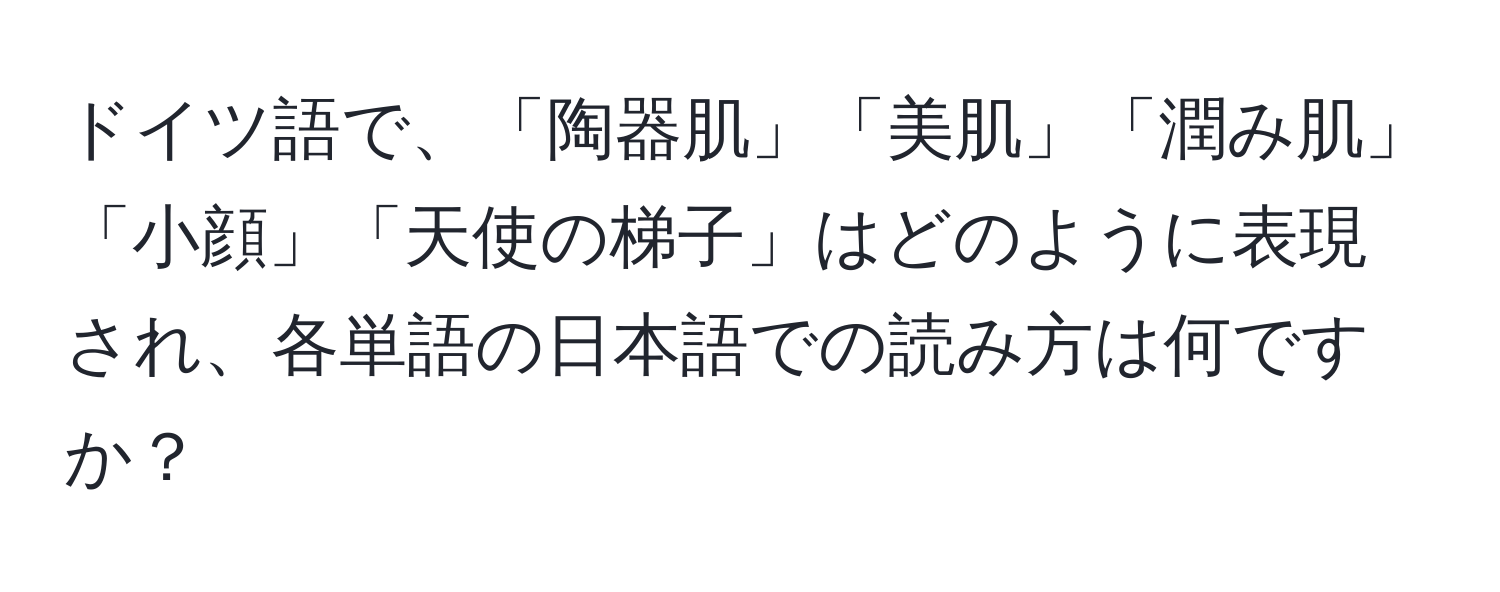 ドイツ語で、「陶器肌」「美肌」「潤み肌」「小顔」「天使の梯子」はどのように表現され、各単語の日本語での読み方は何ですか？