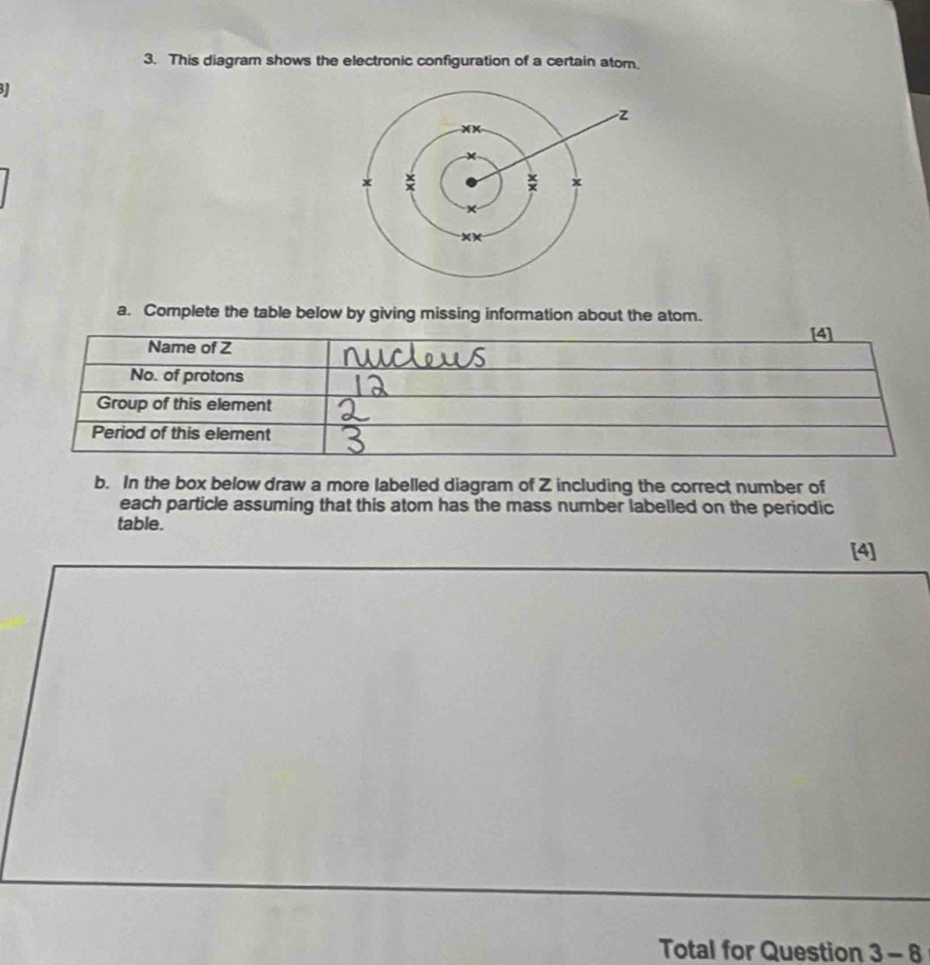 This diagram shows the electronic configuration of a certain atom. 
31 
a. Complete the table below by giving missing information about the atom. 
b. In the box below draw a more labelled diagram of Z including the correct number of 
each particle assuming that this atom has the mass number labelled on the periodic 
table. 
[4] 
Total for Question 3-8