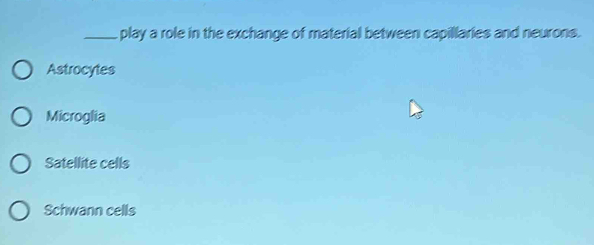 play a role in the exchange of material between capillaries and neurons.
Astrocytes
Microglia
Satellite cells
Schwann cells