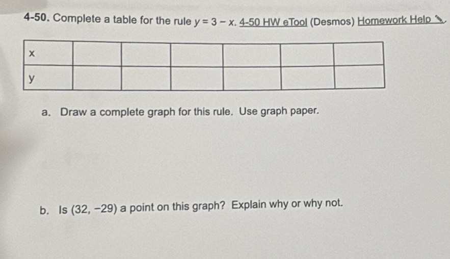 4-50. Complete a table for the rule y=3-x 4-50 HW eTool (Desmos) Homework Help 
a. Draw a complete graph for this rule. Use graph paper. 
b. Is (32,-29) a point on this graph? Explain why or why not.