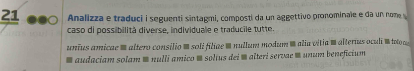 Analizza e traduci i seguenti sintagmi, composti da un aggettivo pronominale e da un nome. 
caso di possibilità diverse, individuale e traducile tutte. 
unīus amicae ' altero consilio ' soli filiae ' nullum modum ' alia vitia ' alteríus oculi ' toto cae 
audaciam solam ' nulli amico É solīus dei ' alteri servae ' unum beneficium