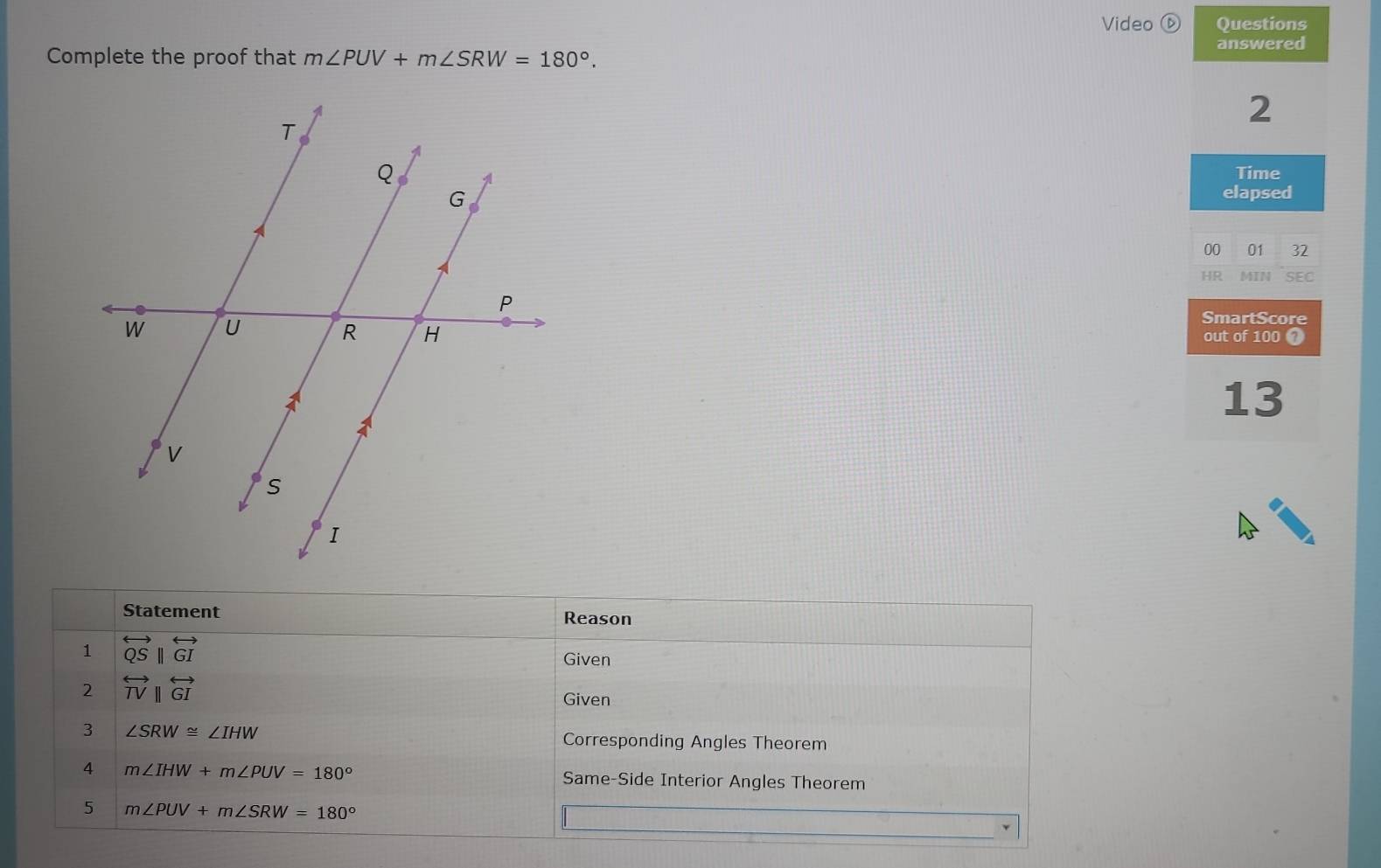 Video ⓑ Questions 
answered 
Complete the proof that m∠ PUV+m∠ SRW=180°. 
2 
Time 
elapsed 
00 01 32 
HR MIN SEC 
SmartScore 
out of 100 0 
13 
Statement Reason 
1 overleftrightarrow QSparallel overleftrightarrow GI
Given 
2 overleftrightarrow TVparallel overleftrightarrow GI
Given 
3 ∠ SRW≌ ∠ IHW Corresponding Angles Theorem 
4 m∠ IHW+m∠ PUV=180° Same-Side Interior Angles Theorem 
5 m∠ PUV+m∠ SRW=180°