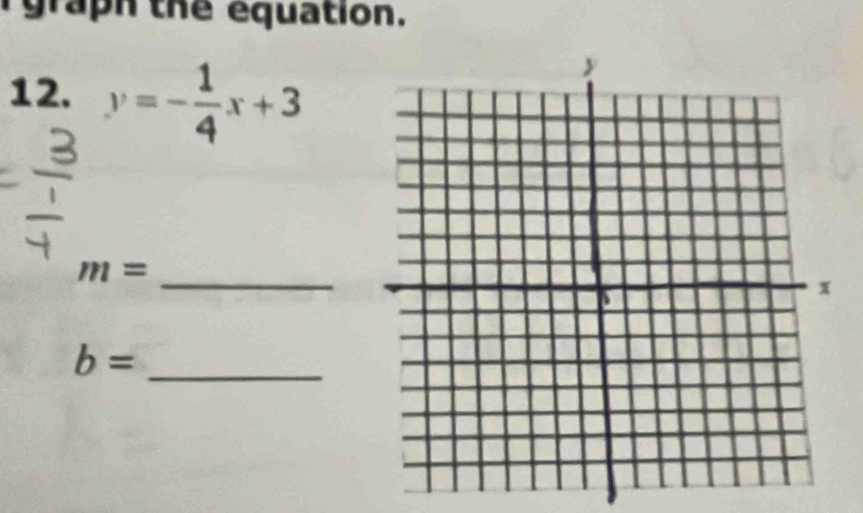 graph the equation. 
12. y=- 1/4 x+3
_ m=
_ b=