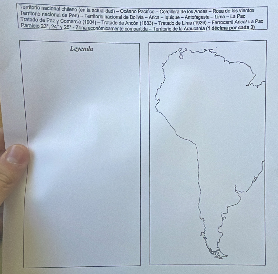 Territorio nacional chileno (en la actualidad) - Océano Pacífico - Cordillera de los Andes - Rosa de los vientos 
Territorio nacional de Perú - Territorio nacional de Bolivia - Arica - Iquique - Antofagasta - Lima - La Paz 
Tratado de Paz y Comercío (1904) - Tratado de Ancón (1883) - Tratado de Lima (1929) - Ferrocarril Arica/ La Paz 
Paralelo 23°, 24° y 25° - Zona económicamente compartida - Territorio de la Araucanía (1 décima por cada 3) 
Leyenda