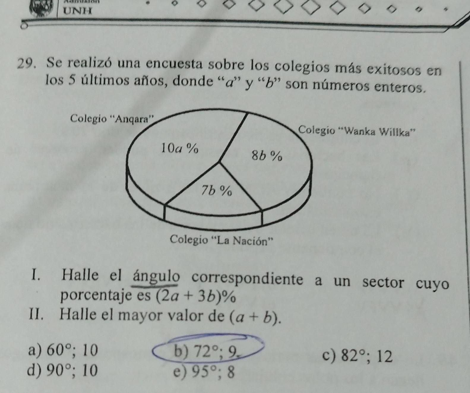 UNH
29. Se realizó una encuesta sobre los colegios más exitosos en
los 5 últimos años, donde “a” y “b” son números enteros.
Colegio “Anqara”
Colegio “Wanka Willka”
10a %
8b %
7b%
Colegio “La Nación”
I. Halle el ángulo correspondiente a un sector cuyo
porcentaje es (2a+3b)%
II. Halle el mayor valor de (a+b).
a) 60°; 10 b) 72°; 9,
c) 82°; 12
d) 90°; 10 e) 95°; 8