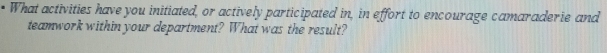• What activities have you initiated, or actively participated in, in effort to encourage camaraderie and 
teamwork within your department? What was the result?