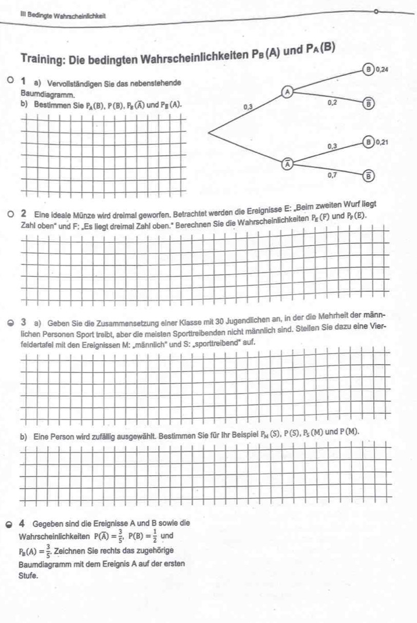 III Bedingte Wahrscheinlichkeit
Training: Die bedingten Wahrscheinlichkeiten P_B(A) und P_A(B)
B) 0,24
1 a) Vervollständigen Sie das nebenstehende
Baumdiagramm.
a
b) Bestimmen Sie P_A(B), P(B), P_B(overline A) und P_parallel (A). 0, 3 0,2
0.3 B ) 0,21
a
0,7
2 Eine ideale Münze wird dreimal geworfen. Betrachtet werden die Ereignisse E: „Beim zweiten Wurf liegt
Zahl oben" und F: „Es liegt dreimal Zahl oben." Berechnen Sie die Wahrscheinlichkeiten P_E(F) und P_F(E). 
3 a) Geben Sie die Zusammensetzung einer Klasse mit 30 Jugendlichen an, in der die Mehrheit der männ-
lichen Personen Sport treibt, aber die meisten Sporttreibenden nicht männlich sind. Stellen Sie dazu eine Vier-
feldertafel mit den Ereignissen M: „männlich' und S: „sporttreibend" auf.
b) Eine Person wird zufällig ausgewählt. Bestimmen Sie für Ihr Beispiel P_M(S), P(S), P_S(M) und P(M). 
4 Gegeben sind die Ereignisse A und B sowie die
Wahrscheinlichkeiten P(overline A)= 3/5 , P(B)= 1/2  und
P_B(A)= 3/5 . Zeichnen Sie rechts das zugehörige
Baumdiagramm mit dem Ereignis A auf der ersten
Stufe.