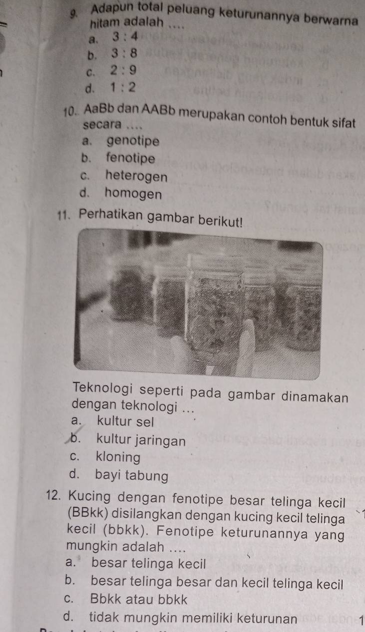 Adapun total peluang keturunannya berwarna
hitam adalah ....
a、 3:4
b. 3:8
C. 2:9
d. 1:2
10. AaBb dan AABb merupakan contoh bentuk sifat
secara ....
a. genotipe
b. fenotipe
c. heterogen
d. homogen
11. Perhatikan gambar berikut!
Teknologi seperti pada gambar dinamakan
dengan teknologi ...
a. kultur sel
b. kultur jaringan
c. kloning
d. bayi tabung
12. Kucing dengan fenotipe besar telinga kecil
(BBkk) disilangkan dengan kucing kecil telinga
kecil (bbkk). Fenotipe keturunannya yang
mungkin adalah ....
a. besar telinga kecil
b. besar telinga besar dan kecil telinga kecil
c. Bbkk atau bbkk
d. tidak mungkin memiliki keturunan 1