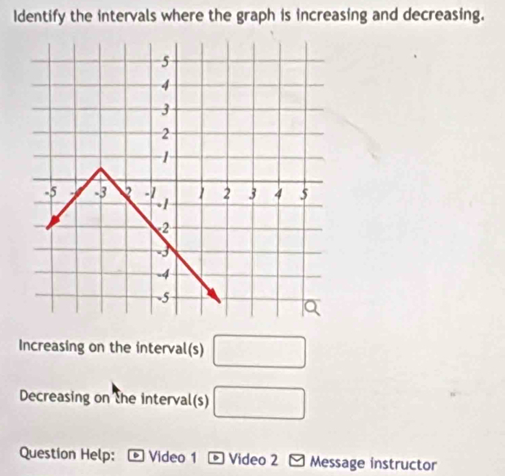 Identify the intervals where the graph is increasing and decreasing. 
Increasing on the interval(s) □
Decreasing on the interval(s) □ 
Question Help: Video 1 - Video 2 - Message instructor