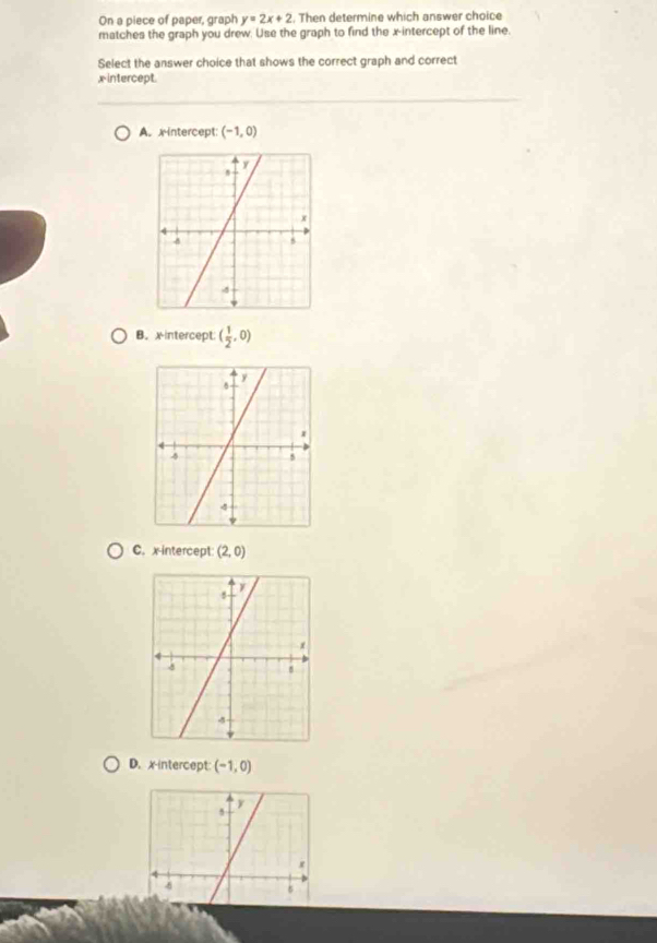 On a piece of paper, graph y=2x+2 , Then determine which answer choice
matches the graph you drew. Use the graph to find the x-intercept of the line.
Select the answer choice that shows the correct graph and correct
x intercept.
A. xintercept (-1,0)
B.xintercept ( 1/2 ,0)
C. x-intercept (2,0)
D. x-intercept: (-1,0)