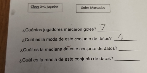 Clave X=1 jugador Goles Marcados 
¿Cuántos jugadores marcaron goles?_ 
¿Cuál es la moda de este conjunto de datos?_ 
¿Cuál es la mediana de este conjunto de datos?_ 
¿Cuál es la media de este conjunto de datos?_