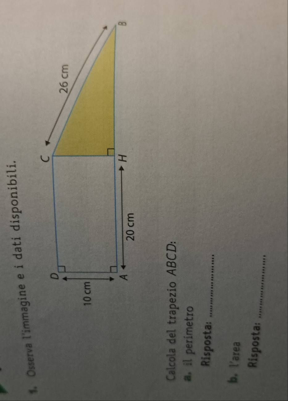 Osserva l'immagine e i dati disponibili. 
Calcola del trapezio ABCD : 
a. il perimetro 
Risposta:_ 
b. l'area 
Risposta:_