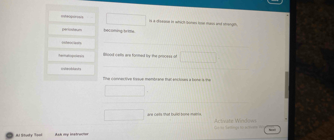 osteoporosis is a disease in which bones lose mass and strength,
periosteum becoming brittle.
osteoclasts
_
hematopoiesis Blood cells are formed by the process of
osteoblasts
_
The connective tissue membrane that encloses a bone is the
are cells that build bone matrix.
Activate Windows
Go to Settings to activate Win Next
Al Study Tool Ask my instructor