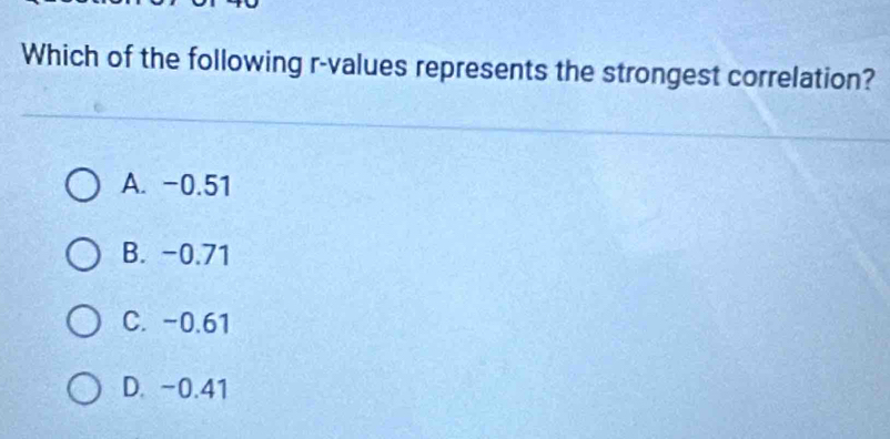 Which of the following r -values represents the strongest correlation?
A. -0.51
B. -0.71
C. -0.61
D. -0.41