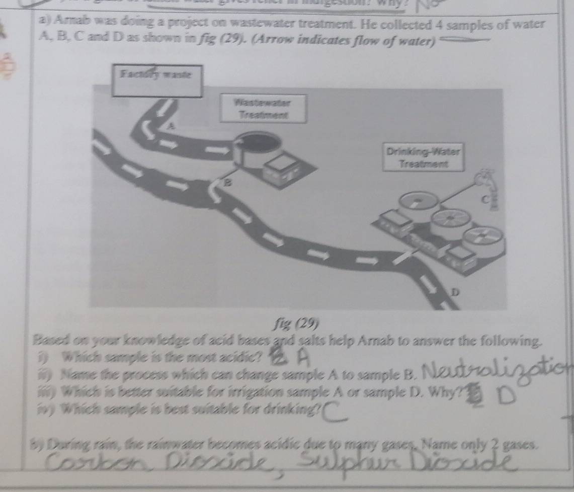 Arnab was doing a project on wastewater treatment. He collected 4 samples of water 
A, B, C and D as shown in fig (29). (Arrow indicates flow of water) 
fig (29) 
Based on your knowledge of acid bases and salts help Arnab to answer the following. 
i) Which sample is the most acidic? 
) Name the process which can change sample A to sample B. 
iii) Which is better suitable for irrigation sample A or sample D. Why? 
iv) Which sample is best suitable for drinking? 
by During rain, the rainwater becomes acidic due to many gases, Name only 2 gases. 
_