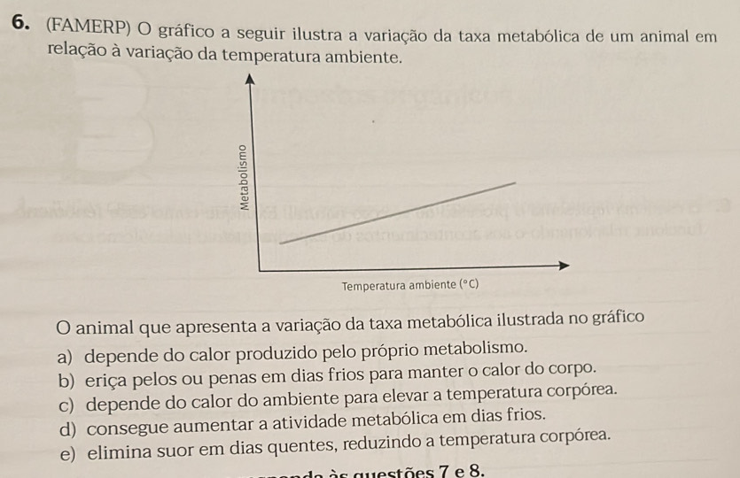 (FAMERP) O gráfico a seguir ilustra a variação da taxa metabólica de um animal em
relação à variação da temperatura ambiente.
O animal que apresenta a variação da taxa metabólica ilustrada no gráfico
a) depende do calor produzido pelo próprio metabolismo.
b) eriça pelos ou penas em dias frios para manter o calor do corpo.
c) depende do calor do ambiente para elevar a temperatura corpórea.
d) consegue aumentar a atividade metabólica em dias frios.
e) elimina suor em dias quentes, reduzindo a temperatura corpórea.
s questões 7 e 8.