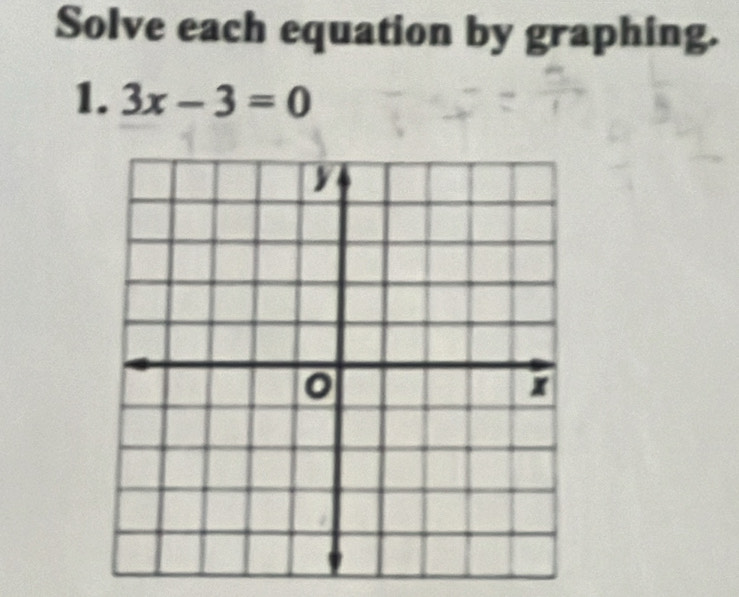 Solve each equation by graphing. 
1. 3x-3=0