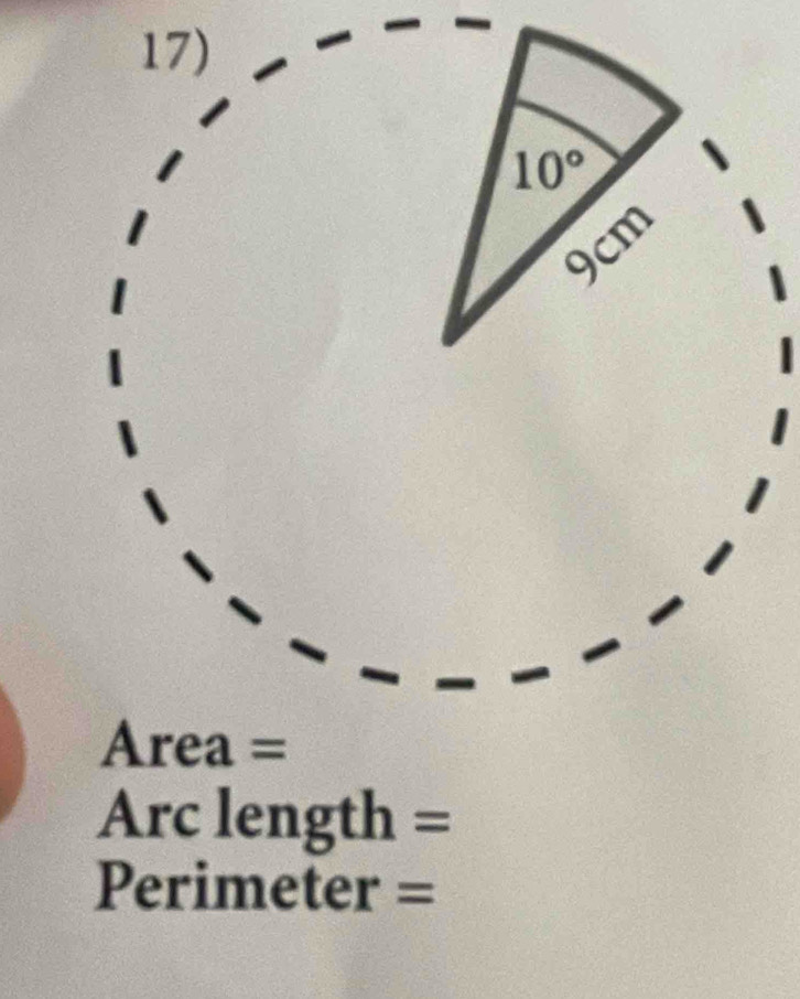 c Área =
Arc length =
Perimeter =