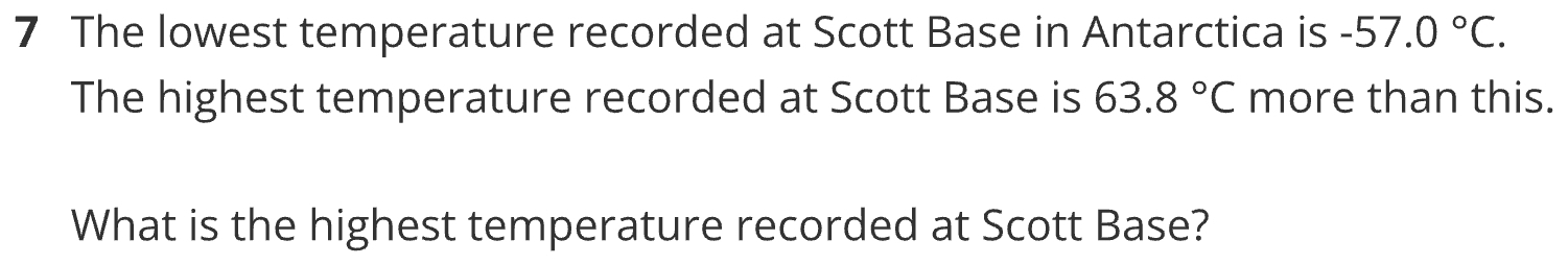 The lowest temperature recorded at Scott Base in Antarctica is -57.0°C. 
The highest temperature recorded at Scott Base is 63.8°C more than this. 
What is the highest temperature recorded at Scott Base?
