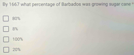 By 1667 what percentage of Barbados was growing sugar cane *
80%
8%
100%
20%